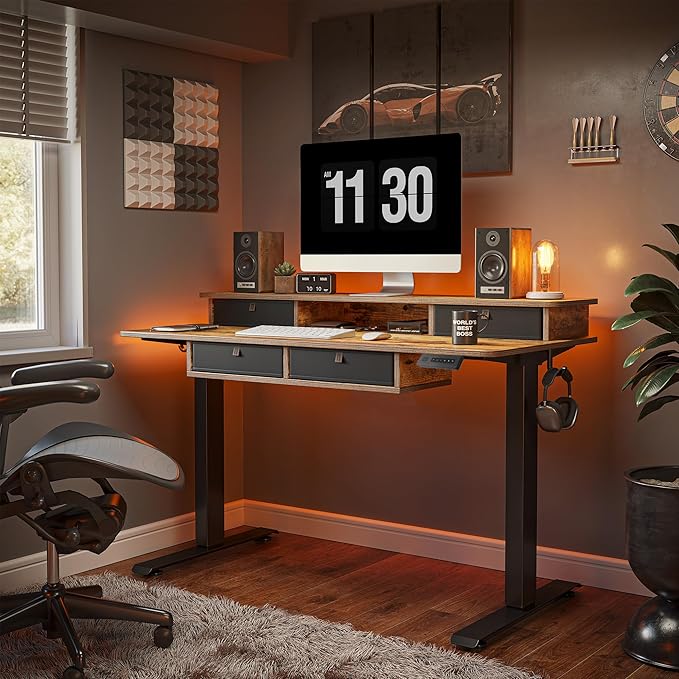 FEZIBO 60'' x 30'' Electric Standing Desk with 4 Storage Drawers, Adjustable Height Computer Table with Monitor Shelf, Stand Up Desk for Study, Gaming, Workstation, Rustic Brown Top