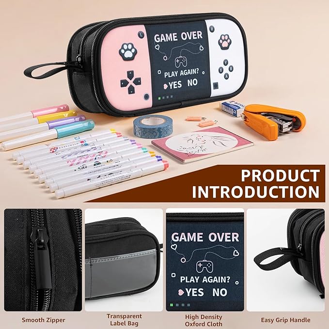 Easozoom Large Game Controller Pencil Case for Teen Girl Kid Capacity Pen Box Pouch Organizer Holder Bag with 3 Compartments & Zipper School College Office Supplies (1PCS Pencil Case) (Pink&White)