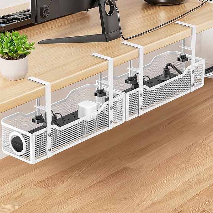 Under Desk Cable Management Tray, GZOKMOG Cord Management with Upgraded Clamp No Drill, Metal Cable Management Box for Home Office, Wire Management for Standing Desk, 2 Pack White, 13.38 inch