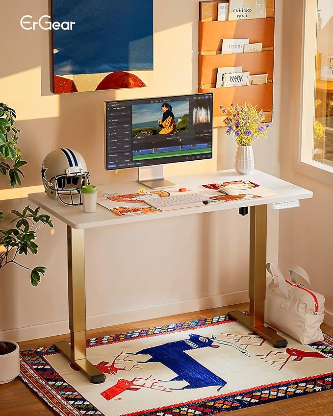 ErGear Height Adjustable Electric Standing Desk, 31.5 x 18.9 Inches Sit Stand up Desk, Memory Computer Home Office Desk with Two-Piece Desktop (White & Gold Frame)