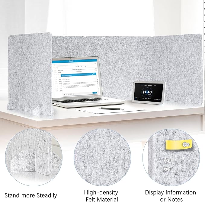 AMUSIGHT 4 Pack Acoustic Desk Dividers - 24" x 20" Freestanding Privacy Panels Set with Noise - Reducing Design Cubicle Sound Proof, Ideal for Office, Classroom, and Home (Silver Gray)