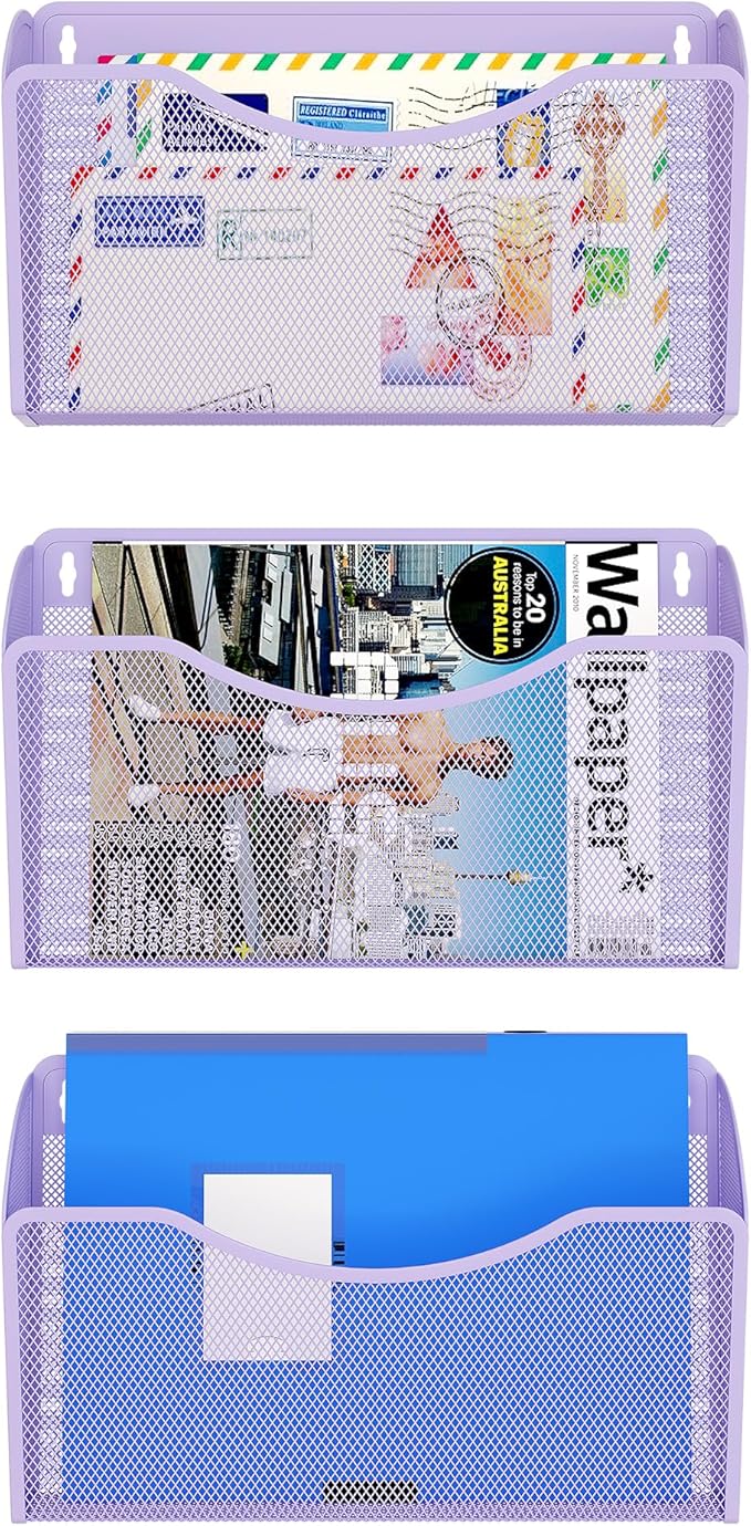 EasyPAG 3 Single Pocket Wall File Organizer, Mesh Hanging File Folder Organizer for Letter/A4 Size Folders, Wall Mounted Vertical Mail Holder for Paperwork, Office, Home, School, Purple