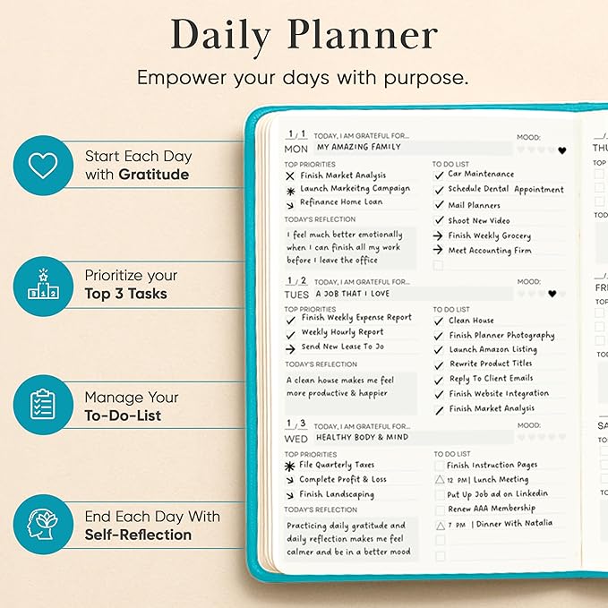 Mantra Planner 2026 Planner, Daily Journal & Gratitude Journal All-In-One with To Do List, Self Care Prompts & Habit Tracker - 7 x 10 - Teal