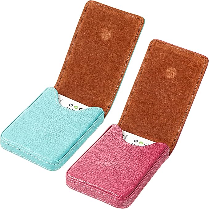 Outus 2 Pieces Business Card Holder, PU Leather Business Card Case Pocket Wallet with Magnetic Shut for Valentines Gift Men Women(Pink and Green,Classic)