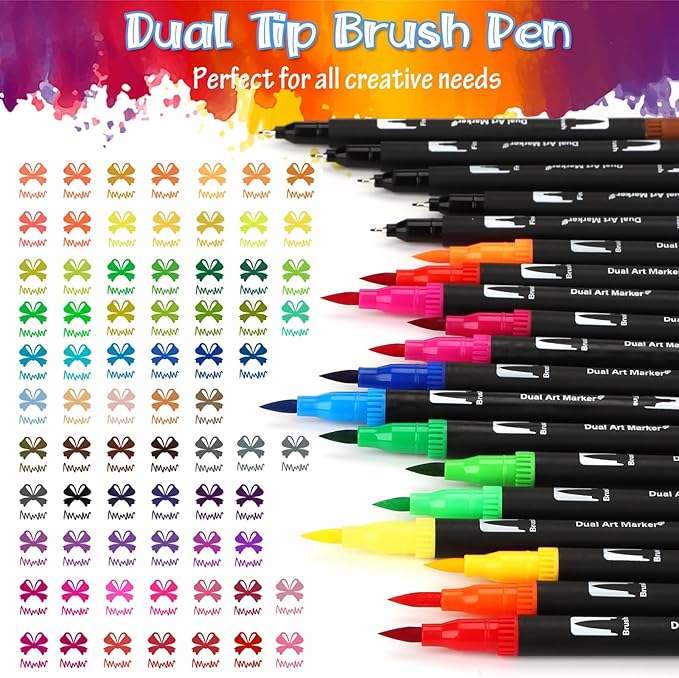 Mzh Art Coloring Pens,72 Dual Tip Brush Markers with Fineliner & Brush Felt Tip Pens Set, Art Watercolour Marker with Case for Adults Kids Colouring Calligraphy Drawing Sketching