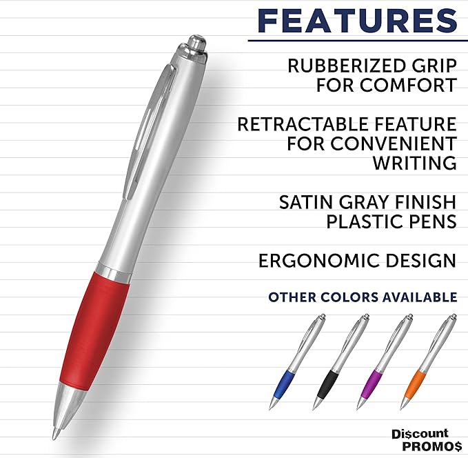 DISCOUNT PROMOS Ballpoint Pens With Rubber Grip, 10 pack, Black Ink Writing Pens in Bulk, Red