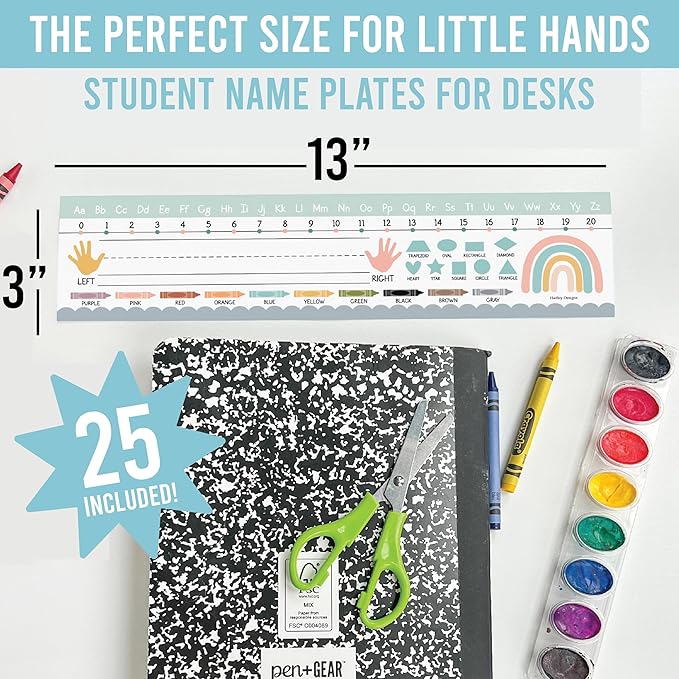 Desk Name Tags for Classroom -25 Student Name Plates for Classroom Kindergarten, Preschool, 1st, 2nd & 3rd Grade, 13x3 Teacher Nameplates for Student Desks, Boho Nametags