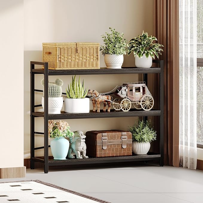 3 Tier Bookshelf 39.37" Width, Dorm Desk Hutch, Desk Shelf, Long Industrial Bookcase, Wooden Large Book Shelf for School Home Living Room Bedroom Office Storage(Black)