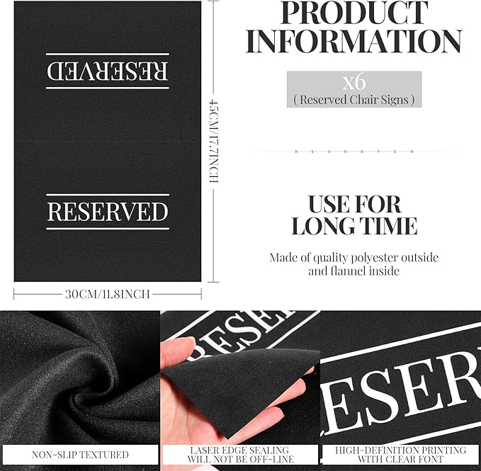 Buryeah 6 Pcs Reserved Seating Signs for Chairs Church Pew Reserved Chair Signs Placeholder with Printed Words for Weddings Parties Celebrations Receptions Church or Event (Black,White)