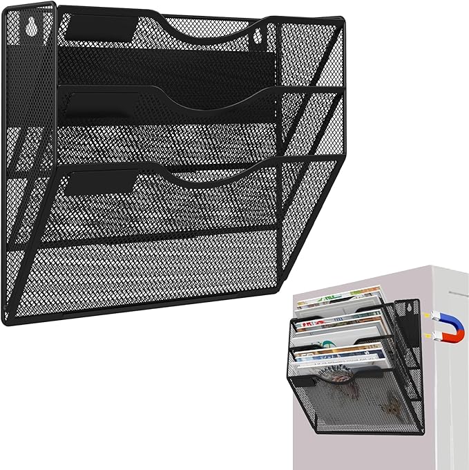 LQPAFZ 3-Tier Magnetic File Holder, No Drilling Installation File Cabinet Organizer, Black Magnetic File Organizer, Magazine Rack, Magnetic Paper Holder for Refrigerator, File Cabinets, Whiteboard
