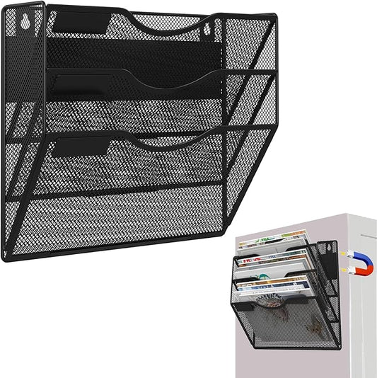 LQPAFZ 3-Tier Magnetic File Holder, No Drilling Installation File Cabinet Organizer, Black Magnetic File Organizer, Magazine Rack, Magnetic Paper Holder for Refrigerator, File Cabinets, Whiteboard