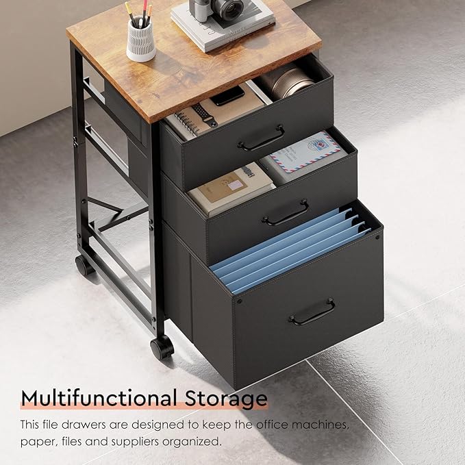 Maihail 3 Drawer Mobile File Cabinet with Wheels Fabric Vertical Filing Cabinet fits A4 or Letter Size for Home Office,Rustic Brown