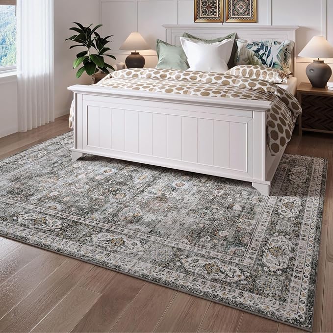 Rugcomf 8x10 Rug Washable Boho Soft Large Area Rug Non-Slip Faux Wool Vintage Rug for Living Room, Farmhouse, Dining Room, Indoor, Kids Playroom (Grey)