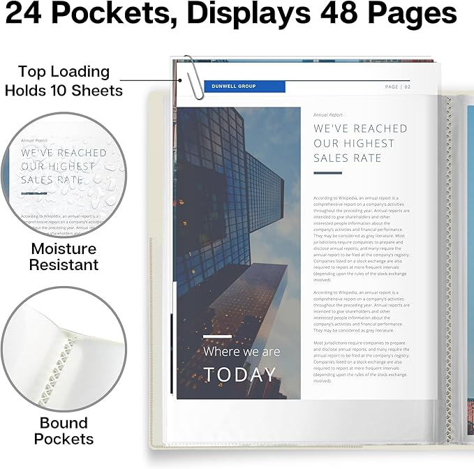Dunwell Presentation Binder 24-Pocket, Displays 48 Pages, 8.5x11 Portfolio Binder with Plastic Sleeves, Storage and Organizer for Documents, Certificates, Projects, Photos (Ivory)