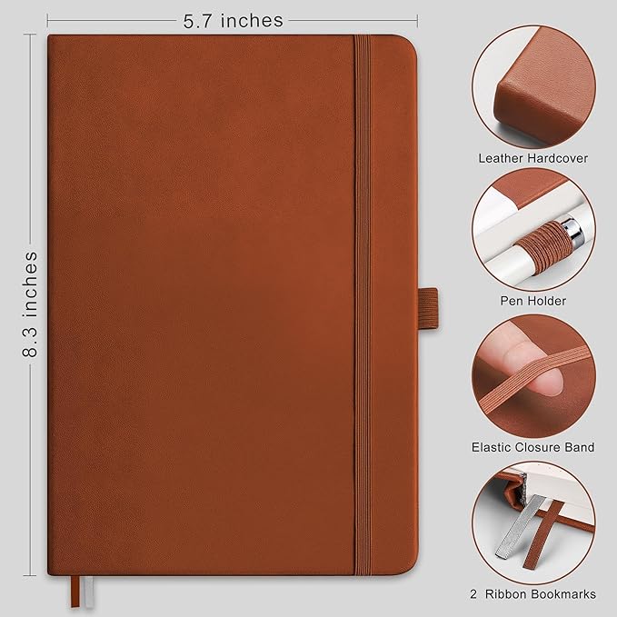 RETTACY Bullet Dotted Journal Notebook, 320 Numbered Pages, A5 Medium Size (5.7'' × 8.3''), Leather Hardcover, 100 GSM Thick Paper, for Bullet Journaling, Planning, Tracking (Brown)