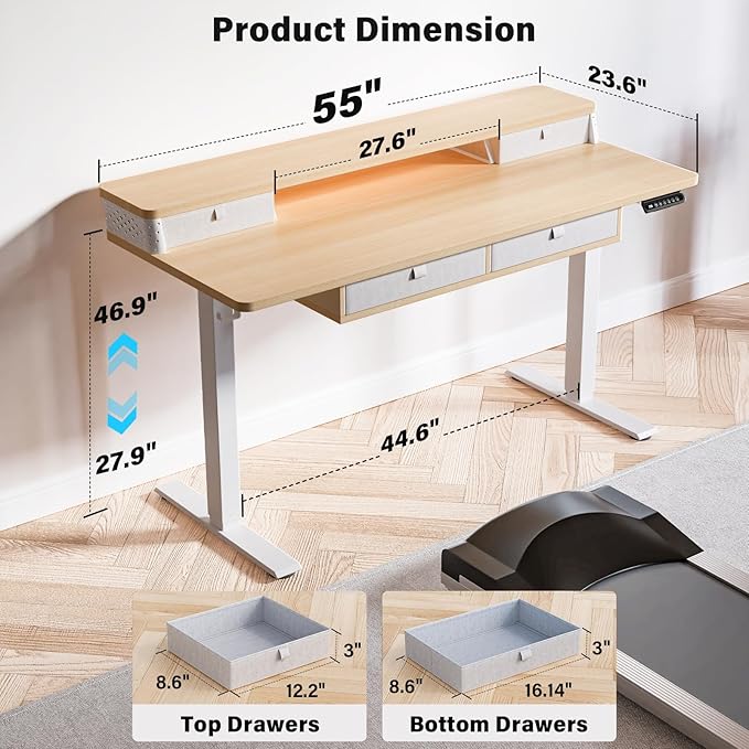 Kingant 55 x 24 Inch Electric Standing Desk with 4 Drawers, Height Adjustable Sit to Stand Computer Desk with Storage Shelf and C-Clamp Mount Compatibility for Home Office, Nature