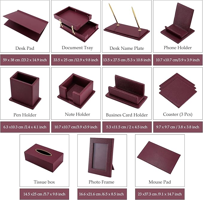 RitPin Desk Set，11-Piece Leather Desk Organizer Set, Executive Office Accessories with Desk Pad & Blotter, 2-Tier Tray, Pen Holder & More, Professional Office Desk Decor & Gift Set (Burgundy)