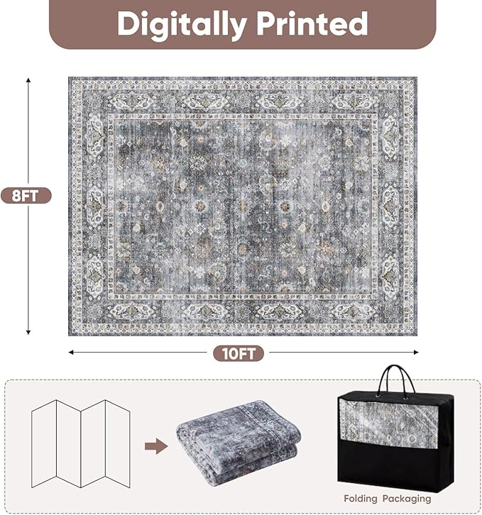 Rugcomf 8x10 Rug Washable Boho Soft Large Area Rug Non-Slip Faux Wool Vintage Rug for Living Room, Farmhouse, Dining Room, Indoor, Kids Playroom (Grey)