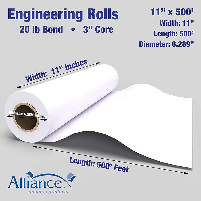 Alliance Wide Format Paper Rolls Bond Engineering (20lb | 90 Rolls, 11 In x 500 Ft | 3" Core)