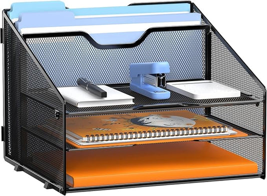GAWERK Letter Tray Organizer, Mesh Desk File Organizer with 3 Paper Trays and 2 Vertical Upright Section, Blank