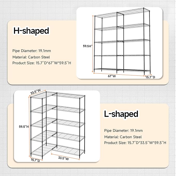 M MZG 5 Tiers Storage Shelves Load 1500LBS, Metal Shelving Wire Metal Shelving Unit Shelves for Storage Adjustable Garage Shelving for Pantry Kitchen Garage Black 15.8" D x 33.5" W x 70.5" H