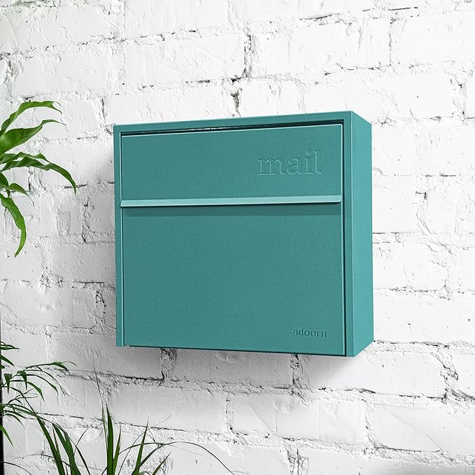 Wall Mount Mailbox - Small, Anti-Theft Locking Mailbox, Weatherproof Mailboxes for Outside The House, 13.5" H x 15" L x 5.5" D - Agean Sea