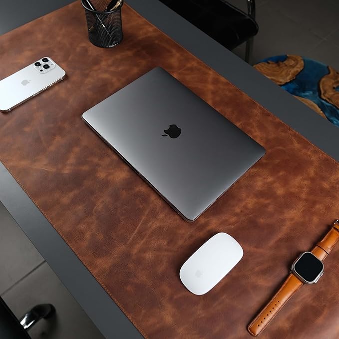 TORONATA Jersey Genuine Calfskin Leather Desk Pad, Office Desk Mat with Non-Slip Bottom, Smooth Surface for Mouse & Keyboard, Desk Protector (36x19 inches) (Antic Tan)