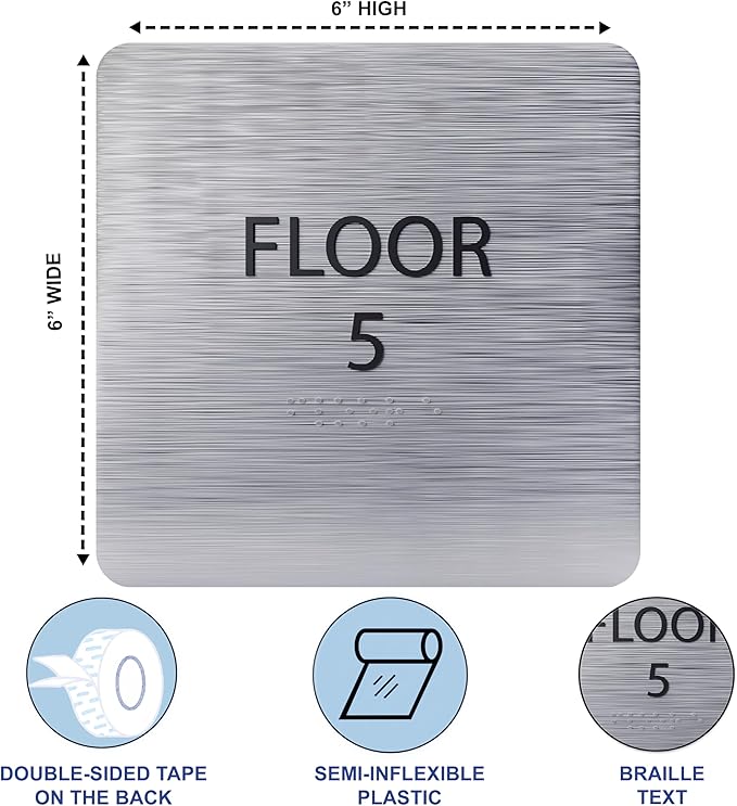 ADA CENTRAL SIGNS - 6" X6" Floor 5 Sign - ADA Compliant Tactile Graphics Grade 2 Braille Text Acrylic Wall Signs - Directional Assistance, Floor Number Safety Sign for Office, school Hospital, Apartment