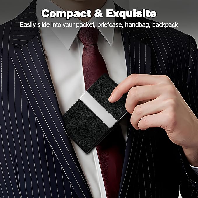 DMFLY Business Card Holder for Women or Men, Business Card Case with PU Leather and Stainless Steel, Slim Metal Case with Magnetic Closure for Business Meeting Use