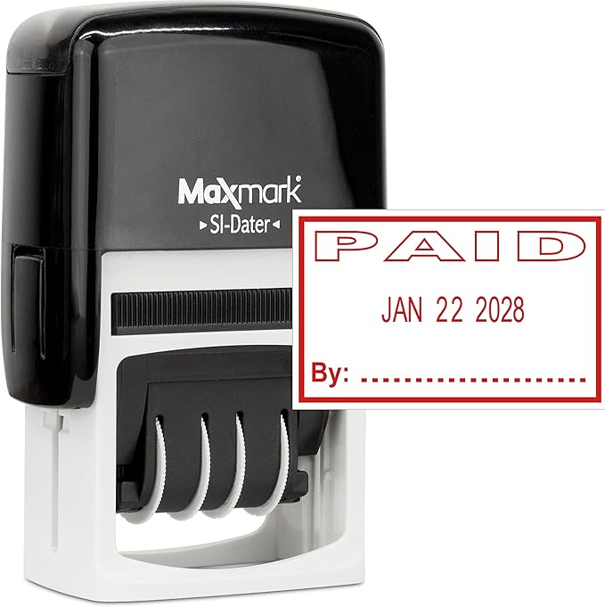 MaxMark Office Self Inking Date Stamp with Phrase Paid - Red Ink