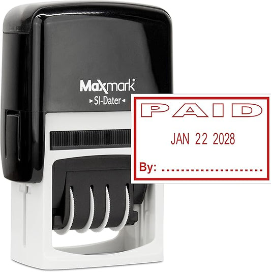 MaxMark Office Self Inking Date Stamp with Phrase Paid - Red Ink