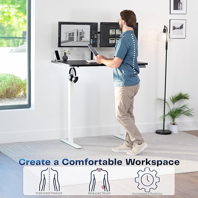 VIVO Electric 48 x 30 in Standing Desk, Memory Height Adjustment, 1B Series, Holds 220 lbs, One-Piece Black Top, White Frame, DESK-KIT-1W5B