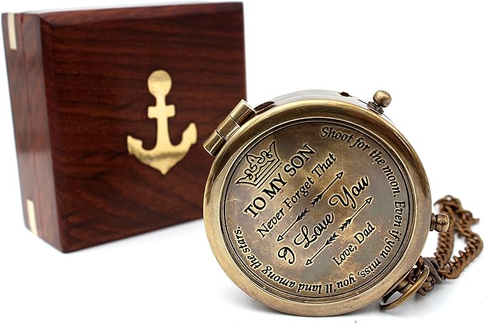 US HANDICRAFTS Brass Compass with Wooden Case | Engraved Compass from Mom to Son | Graduation Gift, Birthday, Inspirational Travel Keepsake