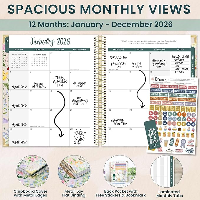 bloom daily planners 2026 Hardcover Calendar Year Goal & Vision Planner (January to December) - Monthly & Weekly Agenda Organizer - 7.5" x 9" - Garden Party, Beige