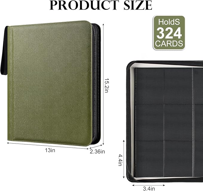 GEAoffice Side Loading 9 Pockets Top Loader Binder Holds 324 Cards, Waterproof PU Leather Trading Card Binder for Toploader, Card Collection Album Folder for MTG, TCG, Sports Cards, Green