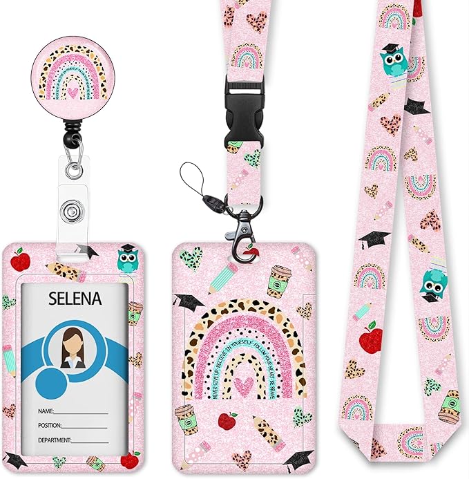 Teacher Life Lanyards for ID Badges Name Tags ID Card Holder, ID Badge Holder with Breakaway Lanyard, Cute Badge Reel Badge Clip Retractable, Women Teacher Nurse School Office Gift