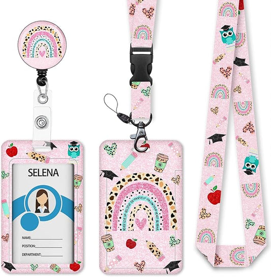 Teacher Life Lanyards for ID Badges Name Tags ID Card Holder, ID Badge Holder with Breakaway Lanyard, Cute Badge Reel Badge Clip Retractable, Women Teacher Nurse School Office Gift
