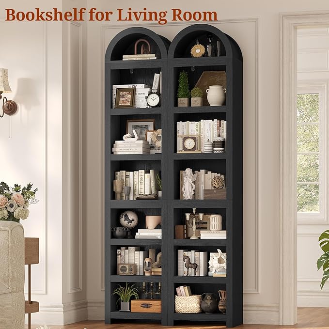 UPOSOJA 76" Tall Narrow Arched Bookcase,7-Teir Mid-Century Modern Bookshelf,Adjustable Shelves offering More Storage Space for Living Room,Kitchen,Home Office,Black
