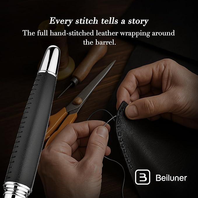 BEILUNER 318 Luxury Personalized Leather Pen, Hand-Stitched Premium Black Leather, Chrome-Plated Finish, Schmidt Refill, Fancy Rollerball Pen Gift Set for Men & Women, Executive, Nice Designer pen