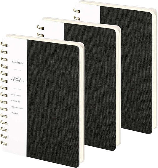 Spiral Notebook-5.75" x 8.125" College Ruled Journal with Inner Pockets and 160 Pages,PU Leather Cover Business Journal, Twin-Wire Binding Notebook Perfect for Office & Home School Supplies 3 pack Black