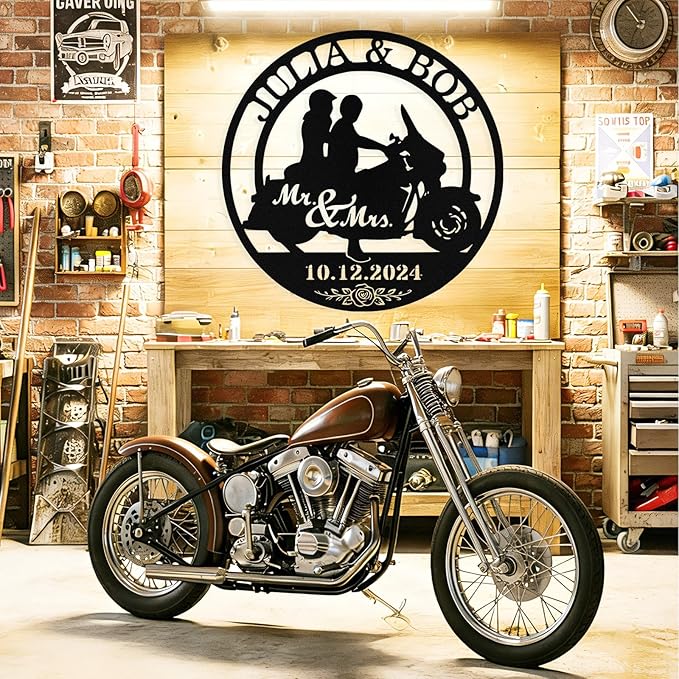 Custom Motorcycle Couple Metal Signs Personalized Couple Name Sign Motorbikes Wall Art Decor Motorcycle Sign Anniversary Day Gift Wedding Valentine's Day Gift for Couple