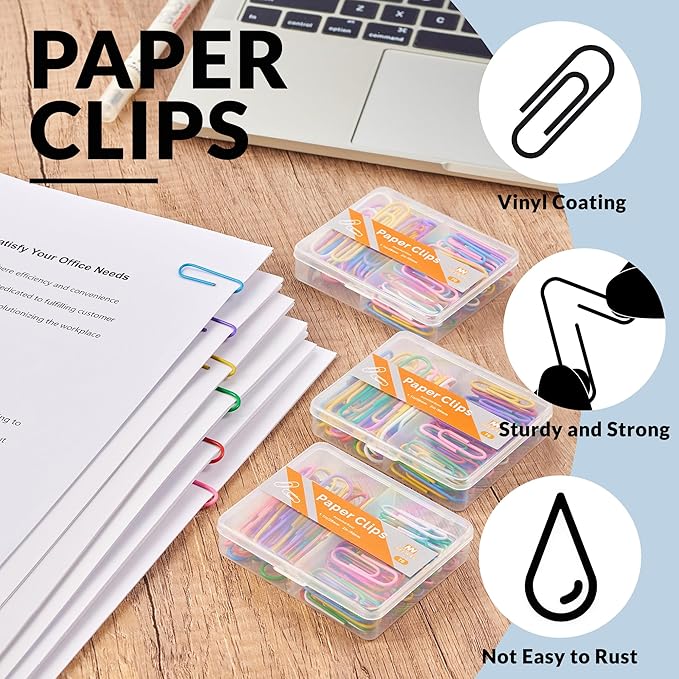 NEEWAY Colorful Paper Clips Assorted Sizes, Small and Large Paperclips, 210 Count, 3 Pack of 70 (Multicolor)