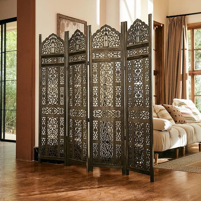 5.75Ft Room Divider Wood Screen, 33Lbs Durable Antiqued Style MDF Carved Headboard, Reversible Freestanding Folding Partition Paravent for Home Terrace, 69 * 71 inch(H*W) - 4 Panels (Antique Brown)