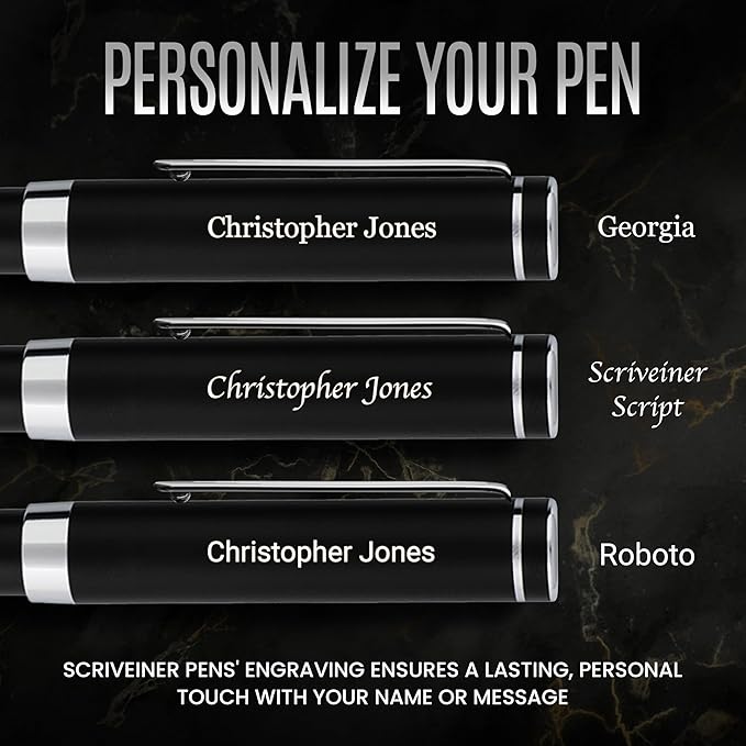 Scriveiner Personalized Luxury EDC Fountain Pen (Medium), Stunning Matt Black Pocket Pen, Chrome Finish, Schmidt German Nib, Best Engraved Fountain Pen Gift Set for Men & Women, Name Engraving