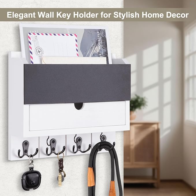 Lucundm Mail and Key Holder Wall Mount with Storage Drawer – Modern Wooden Mail Organizer for Wall Entryway, 7 Key Hooks & Chalkboard Panel – Stylish Home Decor for Apartments, Living Room, Office