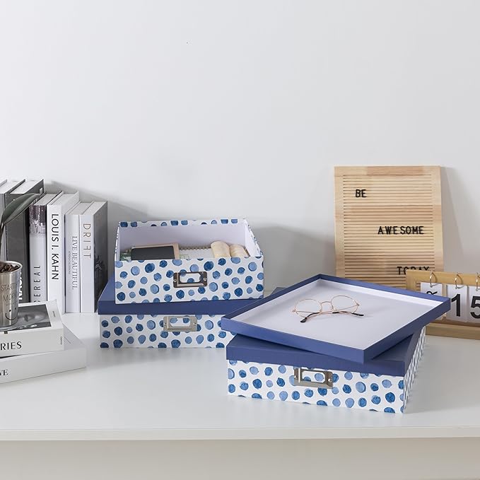 Soul & Lane Blue Spots Decorative Storage Boxes with Lids, Set of 3 Memory Boxes for Keepsakes, Nesting Letter Cardboard Document Storage for Organizing, Photos, Scrapbook