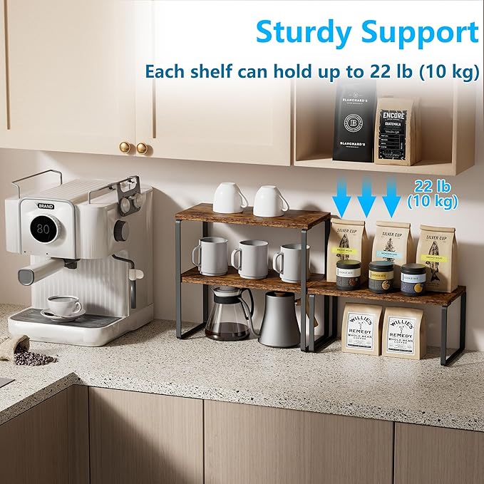 Golener Countertop Organizer Corner Shelf, 2-Tier Adjustable Stackable Corner Shelves for Kitchen, Spice Rack, Coffee Area, Over Sink, Bathroom, Dresser Table, Corner Counter Shelf Stand, Rustic Brown