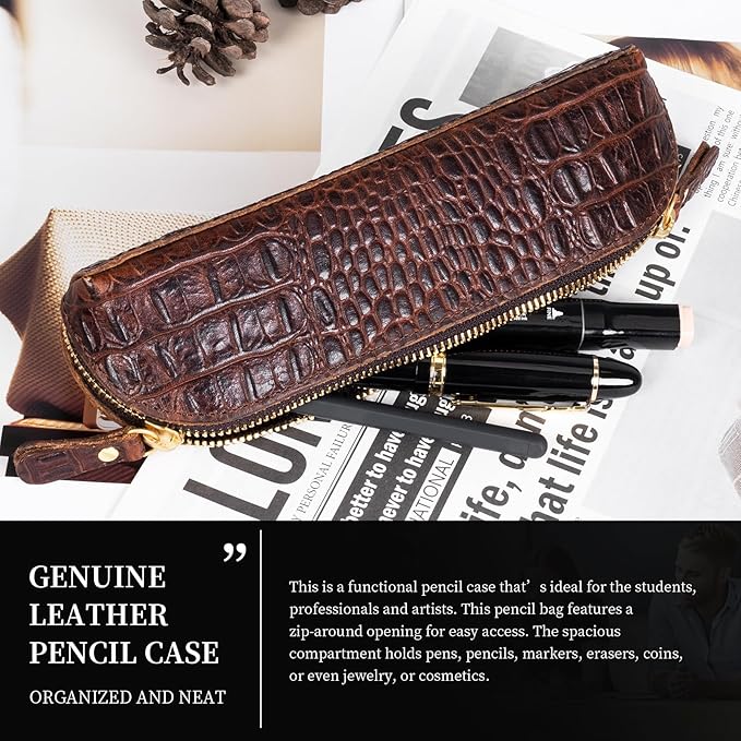 Gexmil Genuine Leather Pen Case, Full Grain Leather Pencil Holder, Hand-made Stationery Bag for Work & Office, Vintage Style, Crocodile Brown
