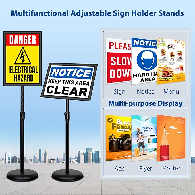 VAIIGO 4 Pack Sign Holder Stands - 11 x17 inch Standing Sign Stand, Adjustable Poster Sign Holder Pedestal Floor Sign Stand, Aluminum Snap Open Frame for Vertical & Horizontal View Sign Stand, Black