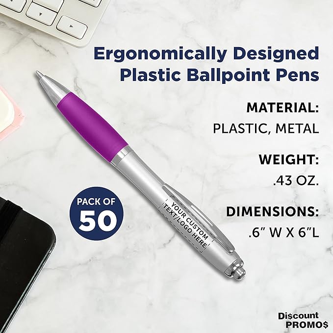 DISCOUNT PROMOS Personalized Ballpoint Pens With Rubber Grip, 50 pack Customizable Ergonomic Click-to-Write Custom Writing Pens for School with Black Ink, Purple